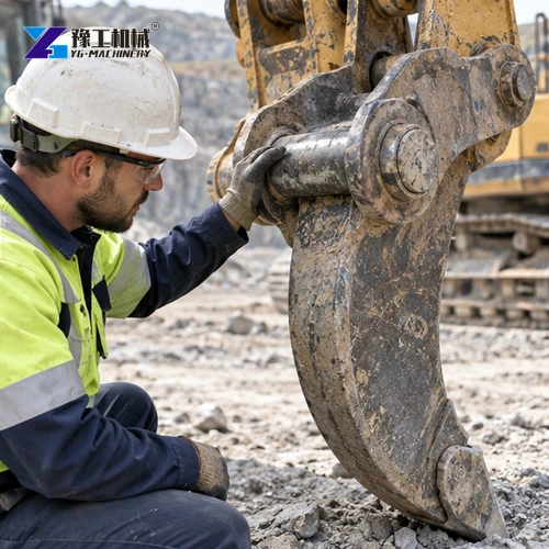 Technician checking excavator ripper shank and mounting pin