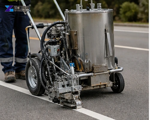 Thermoplastic striping machine applying road line