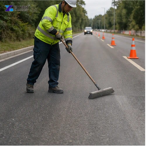 Road crew cleaning pavement before striping