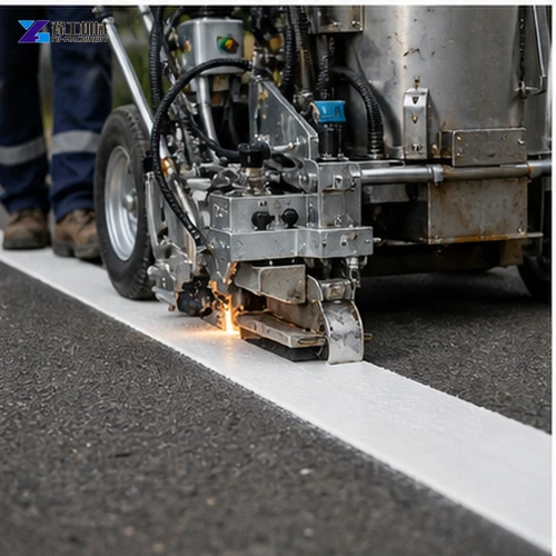 Fresh thermoplastic road line placed by operator