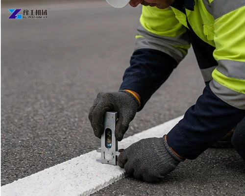 Inspector measuring finished thermoplastic road line thickness