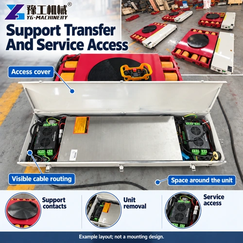 Industrial Heavy Machine Dolly Skates Open equipment bay and surrounding space on a flat-pad unit