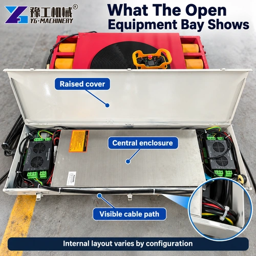 Electric Machinery Skate Open flat-pad equipment bay with cover enclosure and visible wiring