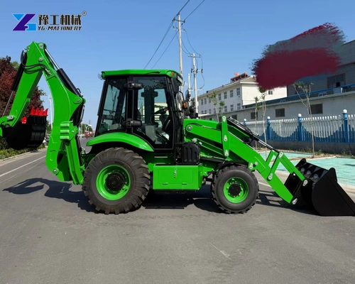 Side View Of A Complete Green Backhoe Loader With Front Bucket And Rear Arm