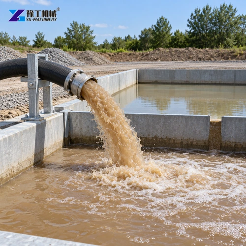 Discharge hose delivering muddy water into a contained receiving tank