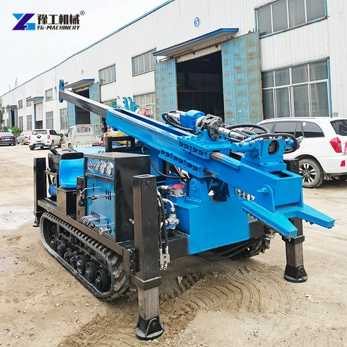 Blue Core Drilling Rig With Lowered Mast Above Its Tracks