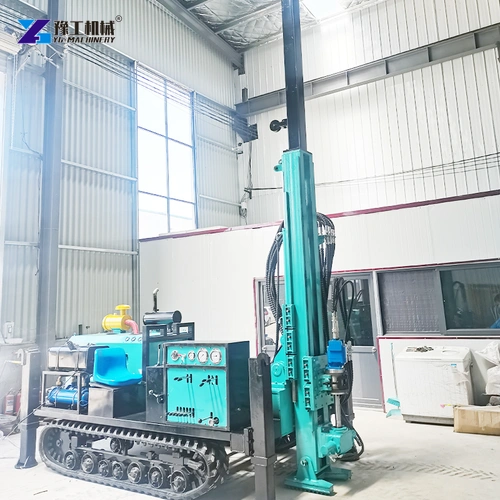 Upright Core Drill Mast Beside Hydraulic Hoses And Operator Controls