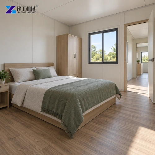 Bed and storage beside a clear doorway in a prefab room