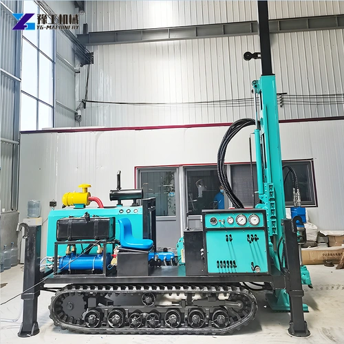 Turquoise Crawler Core Drilling Rig With Upright Mast In A Workshop
