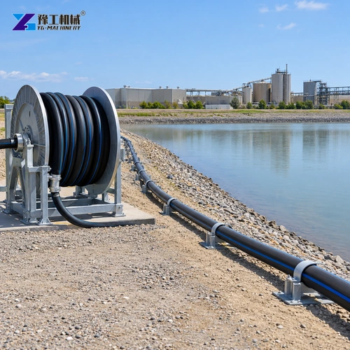 Hose reel and protected hose route arranged along a firm bank