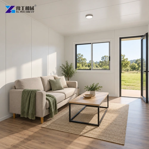 Sofa and table arranged in a compact modular living room