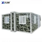 Prefab Foldable Homes Expandable house exterior with camouflage panels and white window frames