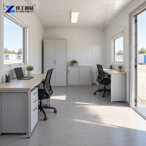 Desks and storage arranged in an expanded prefab office room