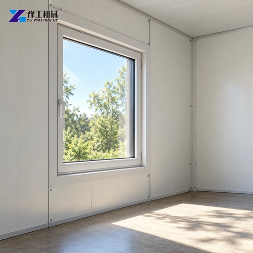 Closed framed window set into a prefab room panel wall