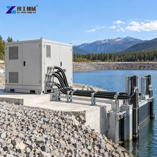 Enclosed shore-side power unit and managed hoses beside a water basin