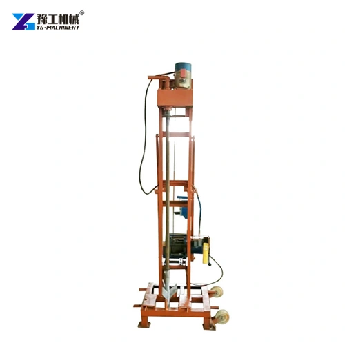 Front view of a compact upright well-drilling frame on small wheels