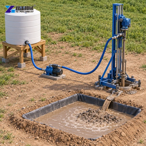 Conceptual water supply and separate returns collection beside a small drilling frame