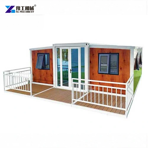 Wood finish prefab house with front doors and a porch railing