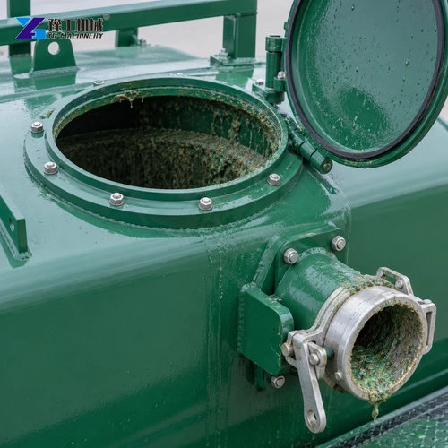 Hydroseeding tank outlet and hatch
