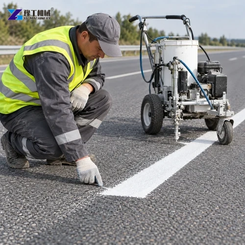 Illustration: an operator guiding a road marking machine around a curve.
