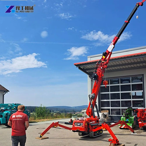 Red spider crane with telescopic boom raised in an outdoor equipment yard