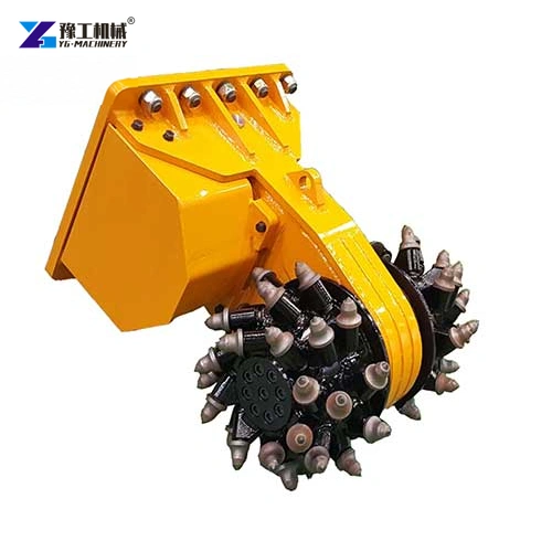 Yellow excavator drum cutter with cutting picks on its transverse drums