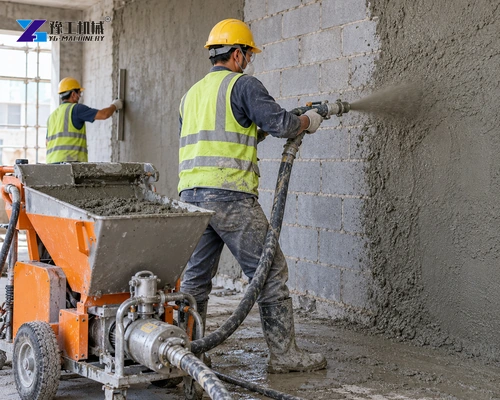 Illustration: Cement-plaster spraying operation at a prepared building wall.