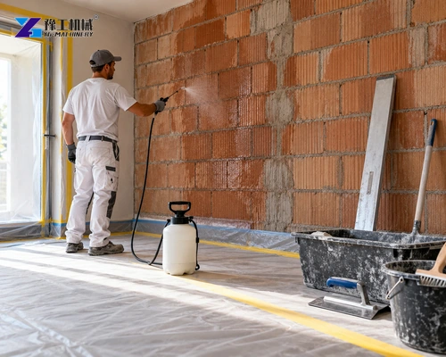 Illustration: Wall surface after sprayed plaster has been leveled for finishing.