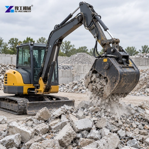 Illustration: Wide view of an excavator-mounted crusher bucket at a concrete demolition site.