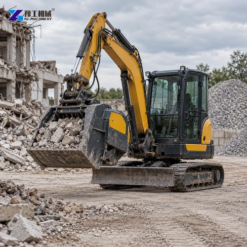 Illustration: Close working view of a crusher bucket reducing selected concrete rubble.