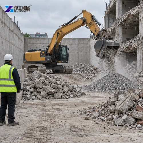 Illustration: Clean concrete feed separated from mixed demolition waste before crushing.