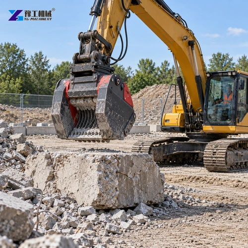 Illustration: Excavator positions a crusher bucket beside a controlled material feed.