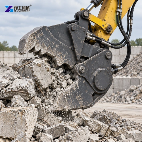 Illustration: Close view of crusher-bucket attachment details working through concrete feed.