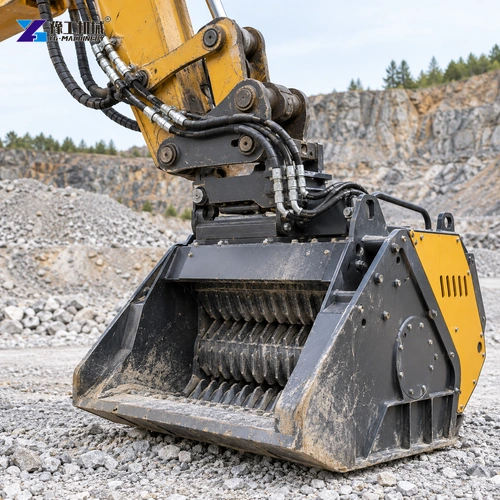 Illustration: Close view of the bucket opening and feed path during a trial.