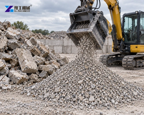Illustration: Crushed aggregate discharged beside a prepared concrete feed pile.