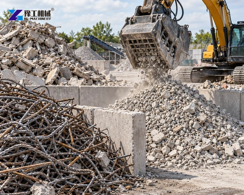 Illustration: Concrete rubble and reinforcement are separated around the crushing area.