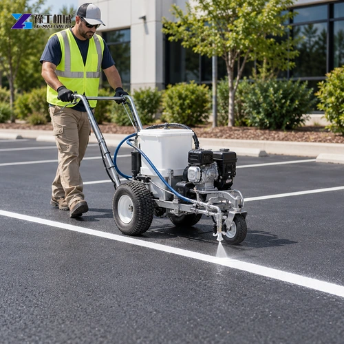 Illustration: Walk-behind cold-paint machine laying a line across a paved lot.