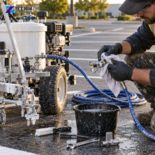 Illustration: Operator controls a straight stripe with a walk-behind marking machine.