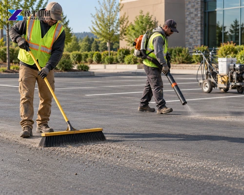 Illustration: Crew prepares the pavement surface before repainting parking lines.