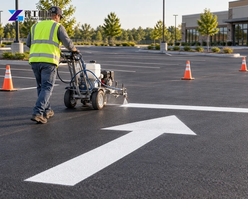 Illustration: Directional arrow and parking-lot line applied to a paved aisle.