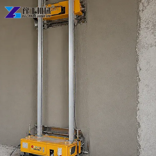 Guide rails and plastering carriage positioned against an interior wall